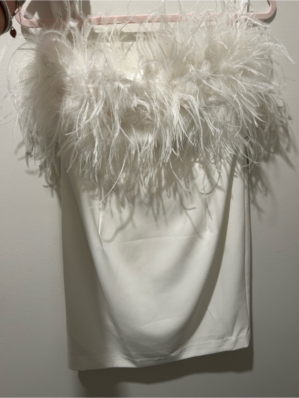White Feather-Trim Strapless Dress